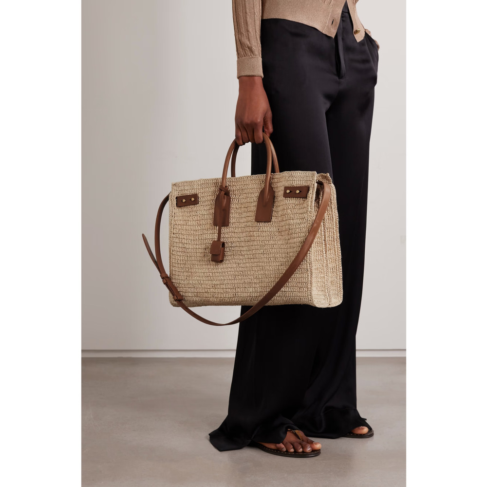 Saint Laurent Medium Sac De Jour Raffia Beige Brown Shoulder Top Handle Tote Bag - Picture 11 of 16